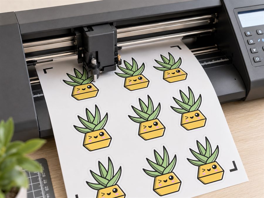 Cutting machine following a printed sticker sheet during a print-then-cut job